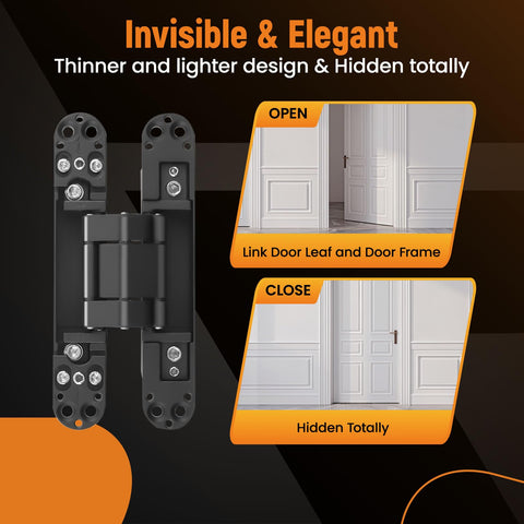7 Inch Invisible Door Hinge Set For Heavy Doors With 180 Degree Concealed Opening 3 Way Adjustable High Load Capacity Supports Up To 177 Lbs Fits Door Thickness Over 45mm Black Finish 2 Pack By MaXpeedingrods, showing an open and closed view.