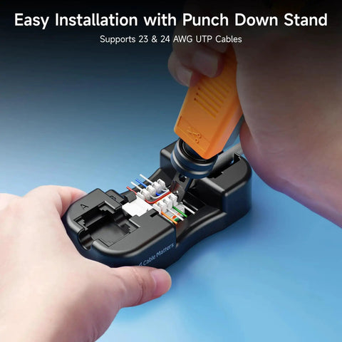Using punch down tool on 25 Pack Cat6 Keystone Jacks 10Gbps RJ45 Ethernet Modular Jacks White With Punch Down Stand.