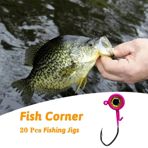 Crappie Jigs Set Of Twenty Jig Heads For Freshwater Fishing One Eighth Ounce Size With Sharp Carbon Steel Hooks And Bright Color Finishes