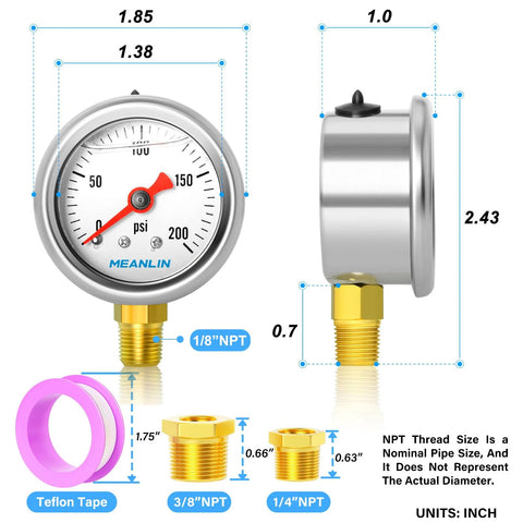 Meanlin stainless steel pressure gauge 0–200 psi glycerin-filled, 1/8 NPT, 1.5" dial; lower-mount with brass fittings