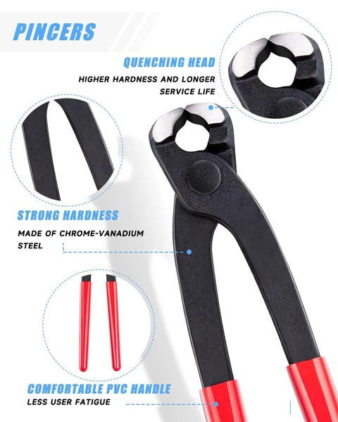 Pincers tool with black steel body and red PVC handles; close-up view of jaw.
