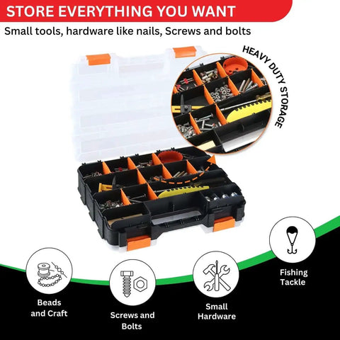 34-Compartment Double Sided Tool Box Organizer With Removable Dividers For Screws Nuts Suts, open view with compartments and tools
