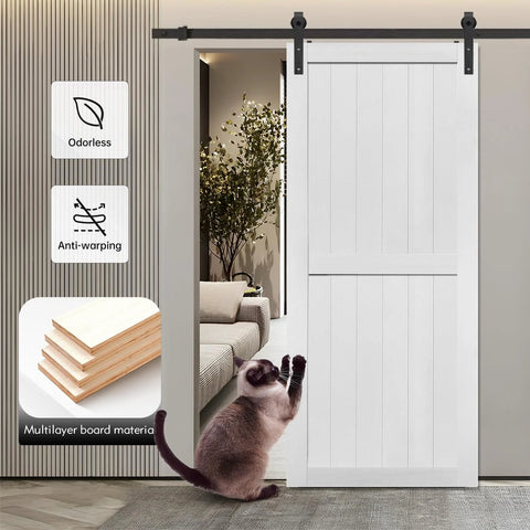 36x84 Inch MDF Barn Door Kit With 6.6 Ft Sliding Hardware, Solid PVC Surface, shown in interior setting with sofa and plant