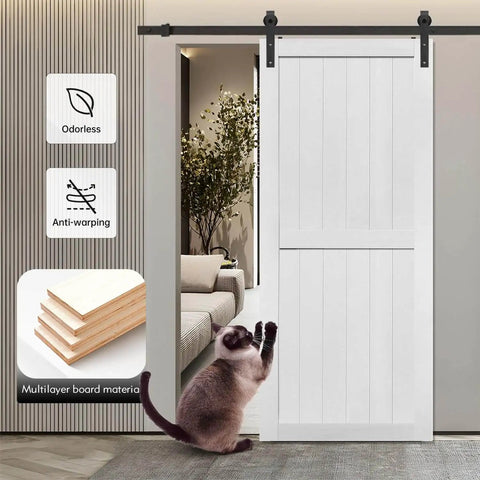 54x84 Inch MDF Barn Door With 10 Foot Sliding Hardware Kit, Waterproof PVC Surface, installed in modern interior with cat