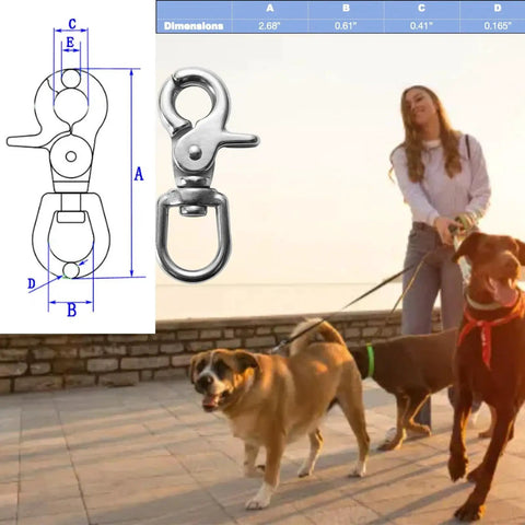 Image of 316 Stainless Steel Swivel Trigger Snap Hooks 2.65in Heavy Duty 130 Lb Clips with technical diagram and woman walking dogs.