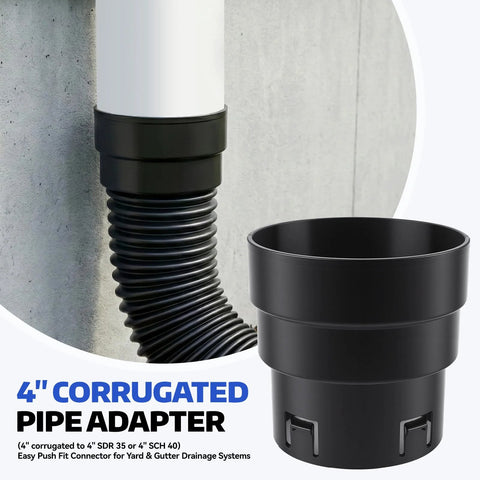 4-inch PVC to corrugated pipe adapter in black, push-fit connector joining white PVC pipe to corrugated drain hose