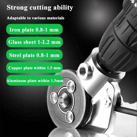 Pro Grade Sheet Metal Drill Nibbler Attachment For Electric Drills Titanium Coated Nibbler Cutter Metal Shears Attachment Converts Any Drill Into A Precision Sheet Metal Cutter For Aluminum Steel Copper And More, showcasing cutting ability for different materials.
