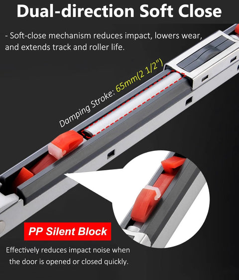 Dual Soft Close Sliding Barn Door Hardware Kit With Aluminum Rail System And Buffer Rollers For No Sweat Quiet Smooth Operation And Easy Install Closet Door Hardware In Champagne Finish Two Point Four Meter Rail Length, showing dual-direction soft close feature and PP silent block.