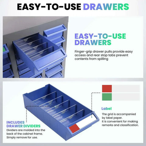 40 Drawer Parts Cabinet With 200 Dividers And 80 Label Slots for easy organization, showing blue ABS drawers and dividers.