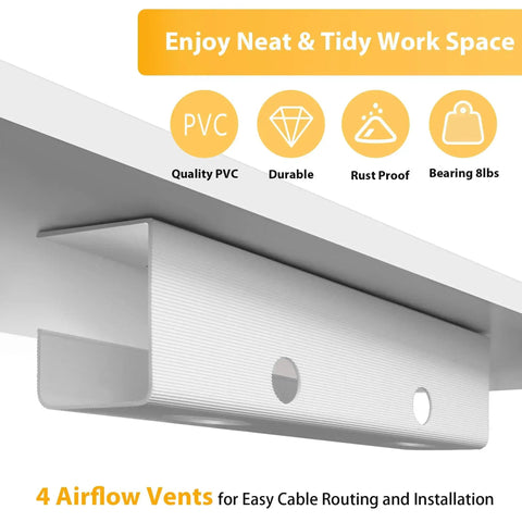 Two Pack Large Capacity Under Desk Cable Management Tray 31.5in Total Length 2x15.7in PVC Standing Desk Cord Organizer installed