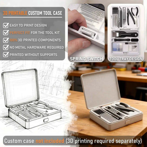 All In One 3D Printer Tools Kit For Finishing And Maintenance 56 Essential Tools in custom 3D printable case, tools displayed.