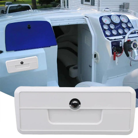 Xiuganpo marine boat storage box, white plastic glove box with concealed button lock installed on a pontoon boat.