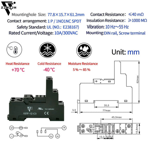 Diagram and dimensions of Six Pack 12 Amp 110V Electromagnetic Relay With Handy Test Switch LED Indicator, showing DIN rail mounting details.