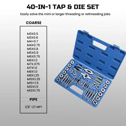 40 Piece Metric Tap And Die Set For Cutting Internal And External Threads With T Wrenches And Thread Gauge Includes 17 Taps From M3 To M12 And 17 Dies For Coarse And Fine Threads A Handy Pro Grade Repair Toolkit For Fasteners visible in blue case.