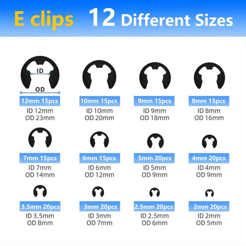 Diagram of E clips in 12 sizes from 2.5mm to 12mm, part of External Retaining Ring And E Clip Set Kit With 2.0 To 12 Millimeter Rings And M5 To M16 E Clips, 420 Piece Carbon Steel Circlip Assortment, Hardened Black Oxide Finish For Shafts And Grooves, Pro Grade For Machinery Tools And Home Repairs
