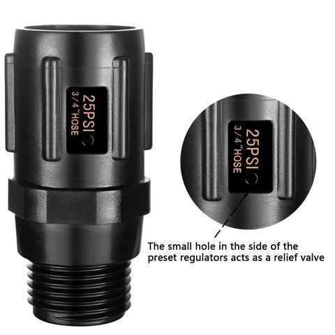 Garden hose pressure regulator, 25 PSI, 3/4 in FHT to 3/4 in MHT, black plastic, 2-pack