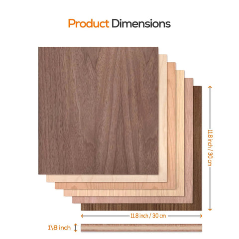 Variety Pack Plywood Six Sheets Handy One Eighth Inch Thick Each Measures Eleven Point Eight By Eleven Point Eight Inches Real Wood A Grade With Smooth Sanded Finish Ideal For Laser Cutting Engraving Crafts And DIY Proflex displayed in stack showing 11.8 x 11.8 dimensions.