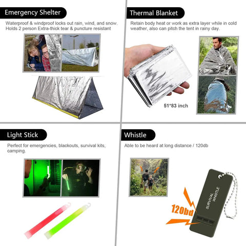 Emergency shelter, thermal blanket, light stick, whistle from Survival Kit Backpack Prepper Ready With 151 Piece Emergency Gear And First Aid Supplies For Camping And Outdoor Adventures And Earthquake Prep Including Trauma Bag Tactical Flashlight Knife Pliers Pen Blanket Compass And Bracelets Black