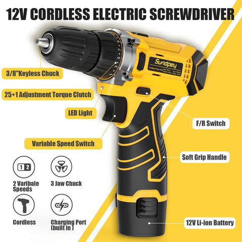 12V cordless electric screwdriver with features labeled, part of a 166 Piece General Home Repair Tool Set With Cordless 12V Drill Battery And Charger In Portable Tool Box For DIY Projects At Home Garden Office And Apartment.