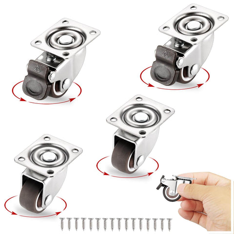 Small Caster Wheels 1" - Low Profile Swivel Casters Set of 4, Quiet Rolling Rubber Plate Wheels for Small Furniture, 2 with Brakes & 2 Without