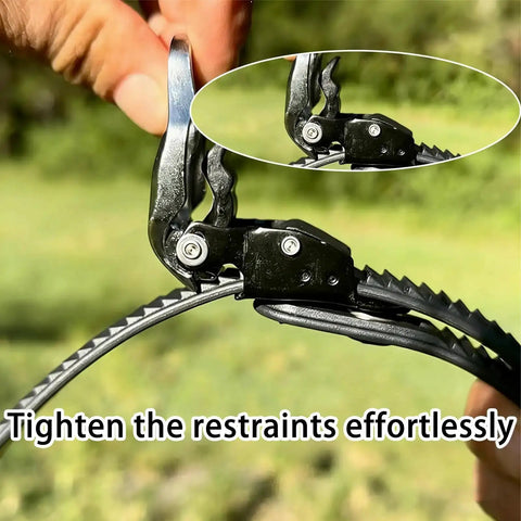 Close-up of Heavy Duty Reusable Ratchet Cable Ties Set 12 and 20 Inch with stainless steel buckle in outdoor setting.