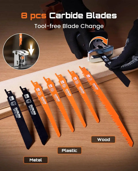 Eight carbide blades for Beast Of A Cordless Reciprocating Saw With 8 Blades, Dual 4000mAh Batteries, Brushless Motor, Variable Speed 0 To 3200 SPM.