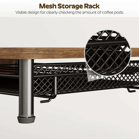 Close-up of a Compact Coffee Pod Drawer Holder With 35 Capsule Capacity For K Cup Storage and Sliding Mesh Basket Organizer in Rustic Brown.