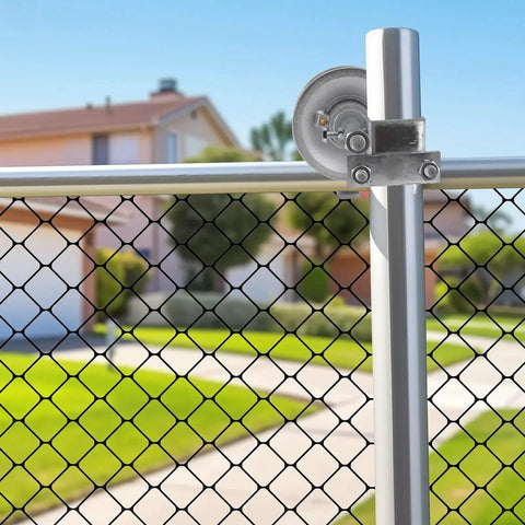 Five Inch Galvanized Steel Pipe Track Wheels For Chain Link Sliding Gates Durable Wheel Set Fits One Seven Eighths Inch And One Five Eighths Inch Gate Frames And Track Pipes With Single U Bolt Hardware Pack Of Four installed on chain link gate