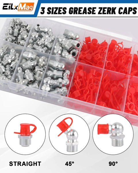 EilxMag 435-piece grease fittings kit in plastic case with red caps; SAE/metric zerk fittings (1/4, 1/8, M6, M8, M10).