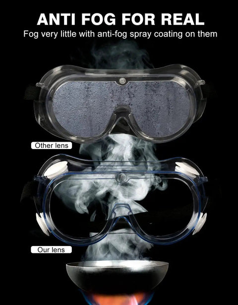 Comparison of two lenses showing anti-fog performance; ANSI Z87.1 Anti Fog Safety Goggles For Lab And Industrial Eye Protection
