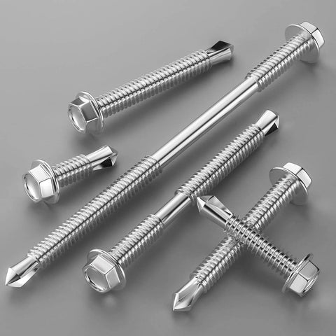 Hex washer head self-drilling screws in stainless steel, varying lengths