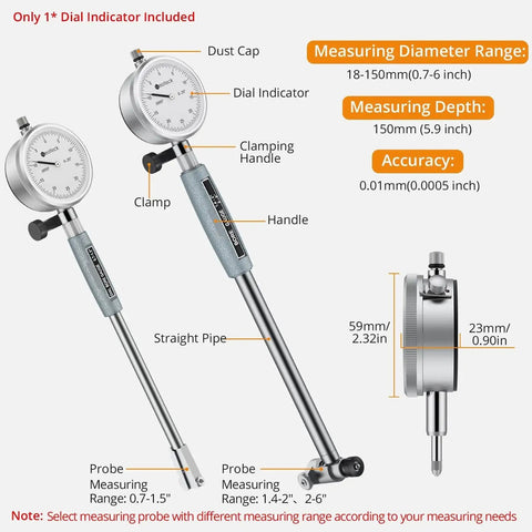 Dial Bore Gauge Set With 0.7 To 6 Inch Range And 6 Inch Depth For Engine Cylinder Measurement Ultra Precise 0.0005 Inch Accuracy 23 Piece Anvils Chrome Plated Handle And Insulated Grips displayed with dial indicators and measurement ranges.