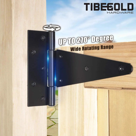 Side view of 12Inch T Strap Gate Hinges Heavy Duty Black Tee Hinges for wooden fences, showing rustproof iron hardware installed on a gate.