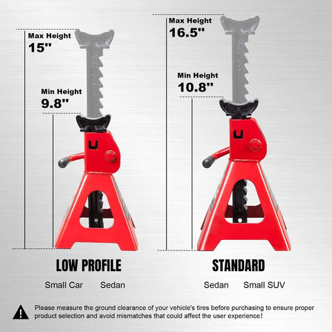 Comparison of Low Profile 2 Ton Jack Stands Set For Cars 2 Pack 9.8 To 15 Inch Lift Range with standard jack stands.