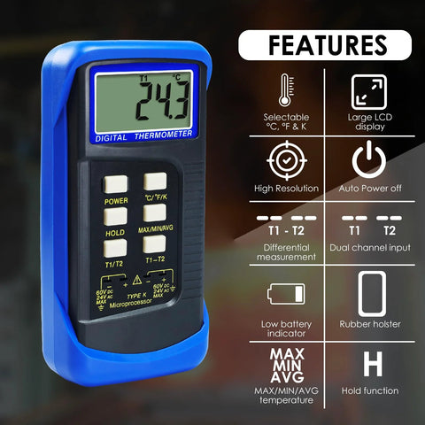 Digital K-type dual-channel thermometer with 4 thermocouples, blue rubber holster, large LCD display