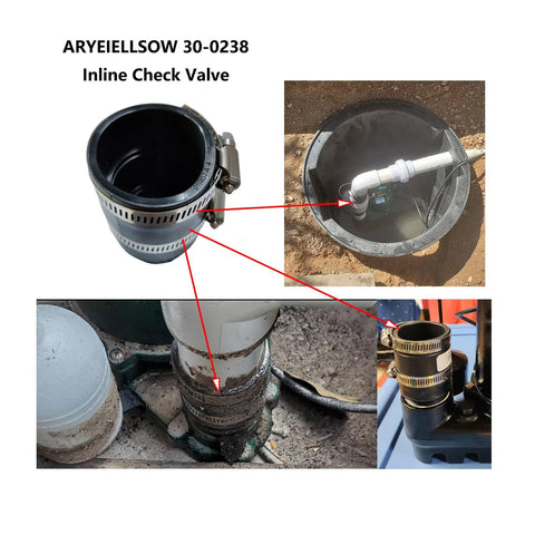 Inline check valve, black plastic body with hose clamp fittings for irrigation/plumbing use.