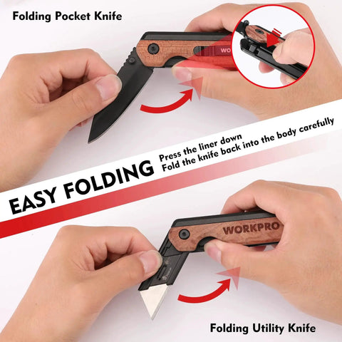 Hands demonstrating 2-In-1 Folding Utility Knife With Quick Change Blades Belt Clip Liner Lock switching between modes.