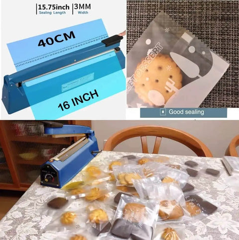 16 Inch Impulse Heat Sealer sealing various food items in plastic bags, showcasing strong seals and easy operation