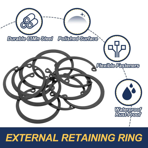10 Pcs Internal Retaining Rings Set 48mm C Clip Snap Rings 65Mn Steel Circlips for Automotive Grooved Shafts and Studs Durable Manganese Steel With Oxidation Finish displayed with features.