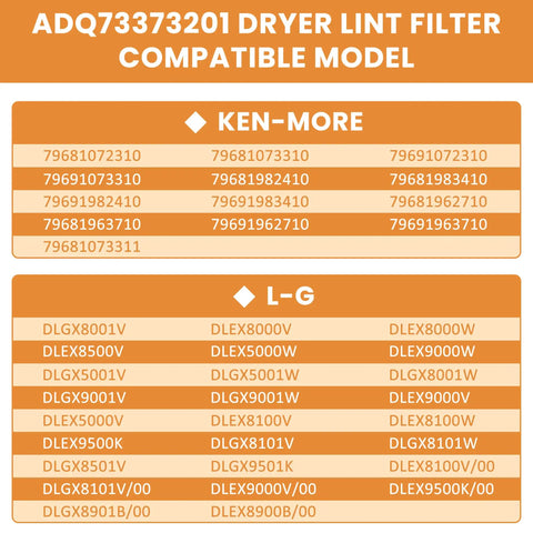 Dryer Lint Screen ADQ73373201 with Brush Fits LG & Kenmore Models Replaces 2656948 Compatibility Chart