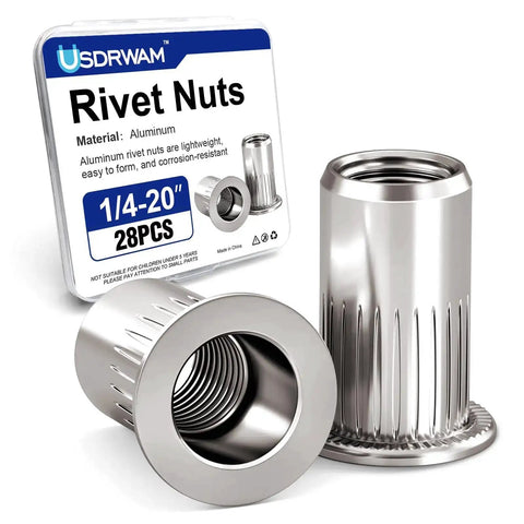 1/4-20 Aluminum Rivet Nuts Set With Threaded Inserts Rivnuts UNC Nutserts, 28 Pieces displayed with packaging