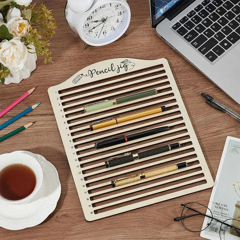20 Slot Laser Engraving Jig For Pencils, Wood Pencil Fixture on desk with stationery, precision centering, sturdy wood build