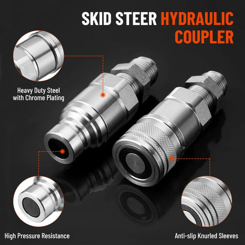 Racewill 1/2 in flat-face ISO 16028 hydraulic quick-connects, pair, chrome-plated steel with knurled sleeves and dust cap