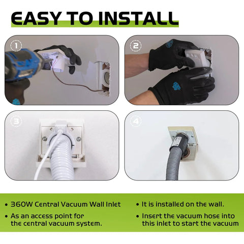 Central vacuum wall inlet valve; white wall plate being mounted into wall opening
White central vacuum wall inlet valve being fitted by gloved hands
White wall plate inlet with vacuum hose connected
Installed white central vacuum wall inlet valve on wall with hose connected to NuTone system