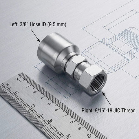 Hydraulic hose fitting, 3/8 inch hose ID and 9/16-18 JIC thread, steel swivel crimp connector.