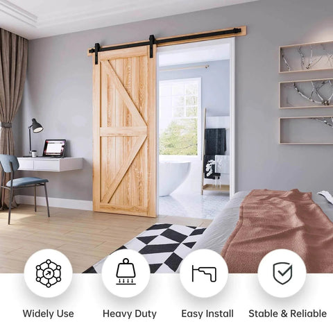EaseLife 8 Ft Sliding Barn Door Hardware Track Kit installed on wooden door in a modern bedroom, black powder-coated aluminum.