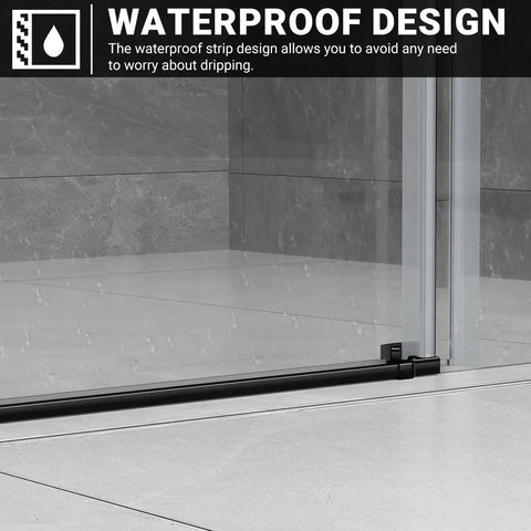 Close-up of 60 Inch Wide Frameless Sliding Shower Door With Sealing Strips And Waterproof Handle 5/16 Inch 8mm Clear Tempered Glass Black Stainless Steel Hardware 76 Inch High Reversible Left Or Right Opening
