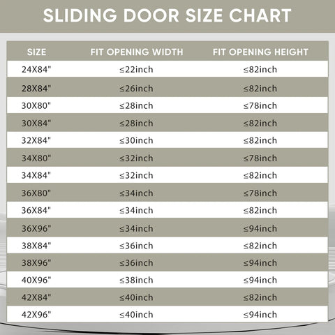 Sliding door size chart showing dimensions for various door sizes, including 36x84 Inch Glass Sliding Barn Door Kit With 6Ft Hardware Black Aluminum Frame Clear Tempered Glass 3 Panel Dope Modern French Style Easy To Install Durable Rust Resistant Track System For Interior Rooms.