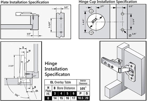 Diagram showing installation specifications for 30 Pack Full Overlay Face Frame Cabinet Hinges With 105 Degree Adjustable Concealed Soft Close Cup Hinges Easy Install.