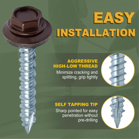 Heavy Duty Metal Roofing Screws For Roofing And Siding 14 By One And A Half Inch 300 Pack Brown Painted Anti Corrosion Coating Easy Install Hex Head With Rubber Washer Sharp Point Hex Socket Included 1022A Carbon Steel By LIONMAX close-up of screw with hex head and washer.